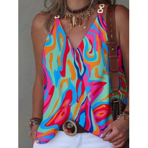 Printed Split-Joint Sleeveless V-Neck Vest Top