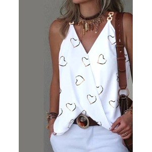 Heart Print Split-Joint Sleeveless V-Neck Vest Top