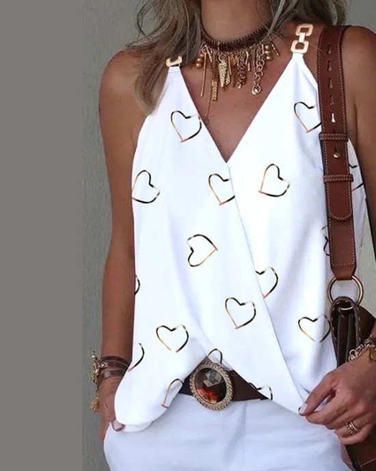 Heart Print Split-Joint Sleeveless V-Neck Vest Top