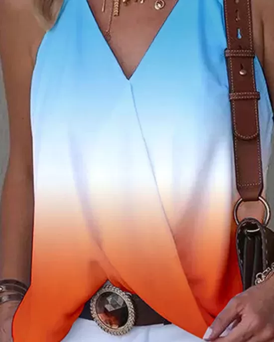 Gradient Split-Joint Sleeveless V-Neck Vest Top