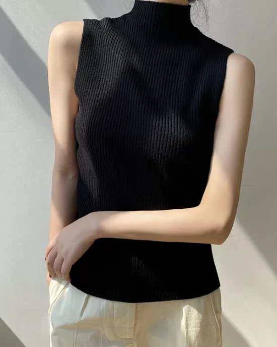 Solid Color Skinny Sleeveless High-Neck Vest Top Knitwear