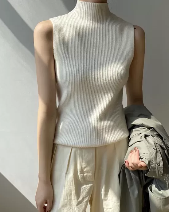 Solid Color Skinny Sleeveless High-Neck Vest Top Knitwear