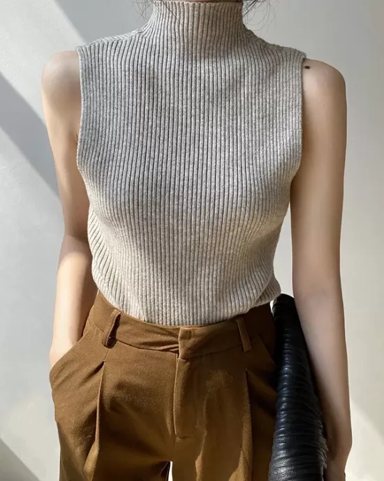 Solid Color Skinny Sleeveless High-Neck Vest Top Knitwear