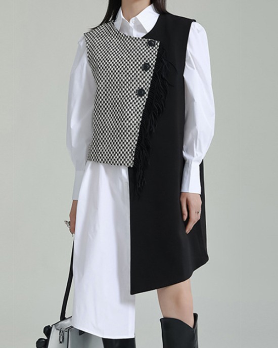 Asymmetric Buttoned Houndstooth Sleeveless Vest Outerwear