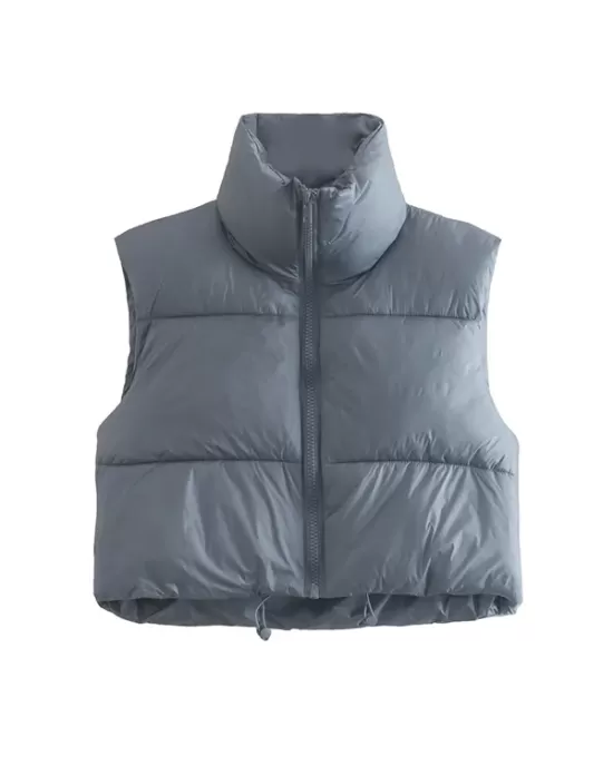 Skinny Sleeveless Solid Color Zipper Stand Collar Padded Vest Vest Top