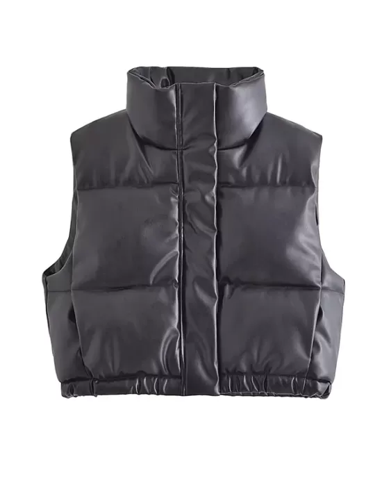 Drawstring Elasticity Solid Color Split-Joint Zipper Skinny Sleeveless Stand Collar Padded Vest