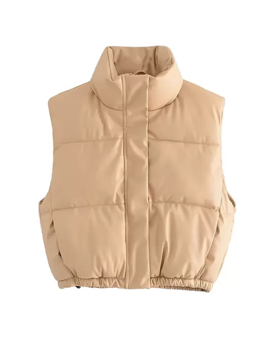 Drawstring Elasticity Solid Color Split-Joint Zipper Skinny Sleeveless Stand Collar Padded Vest