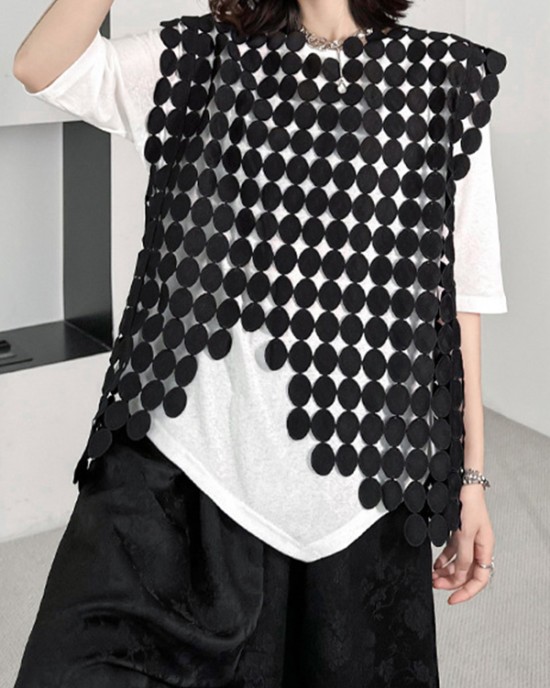 Hollow Solid Color Split-Joint Irregular Clipping Loose Round-Neck Vest Top