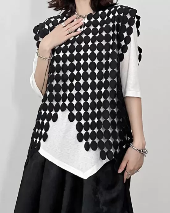 Hollow Solid Color Split-Joint Irregular Clipping Loose Round-Neck Vest Top