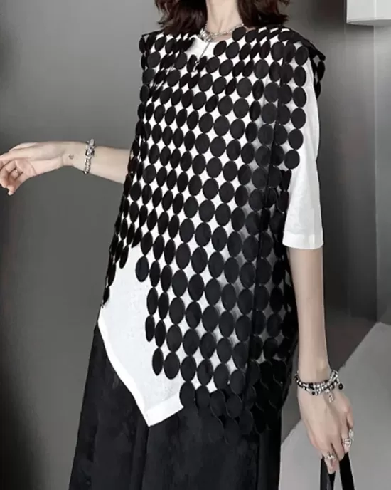 Hollow Solid Color Split-Joint Irregular Clipping Loose Round-Neck Vest Top