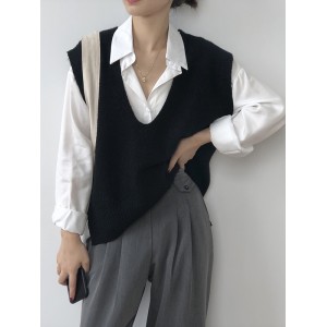 Knitting Irregularity Solid V-Neck Vest