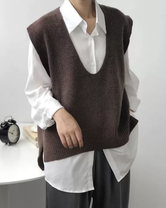 Knitting Irregularity Solid V-Neck Vest