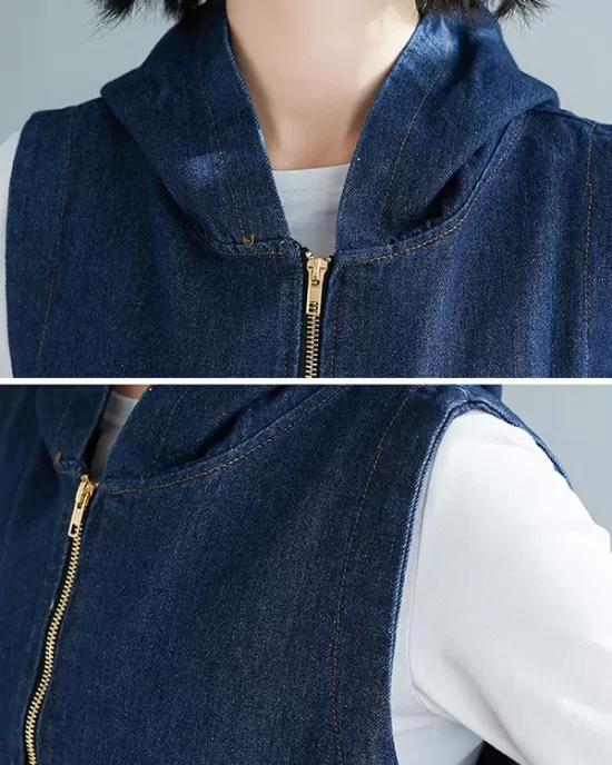 Casual Zipper Sleeveless Denim Vest Hooded Outerwear