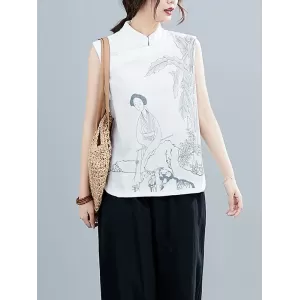 Artistic Retro Chinese-Style Printed Buttoned Stand Collar Sleeveless Vest