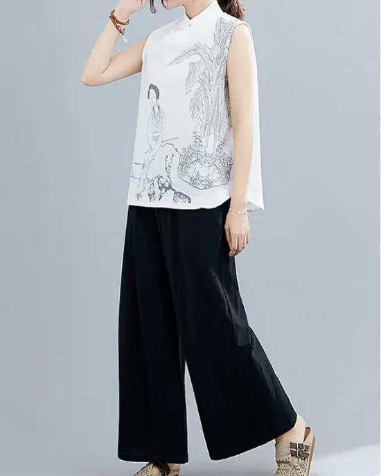 Artistic Retro Chinese-Style Printed Buttoned Stand Collar Sleeveless Vest