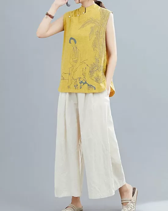 Artistic Retro Chinese-Style Printed Buttoned Stand Collar Sleeveless Vest