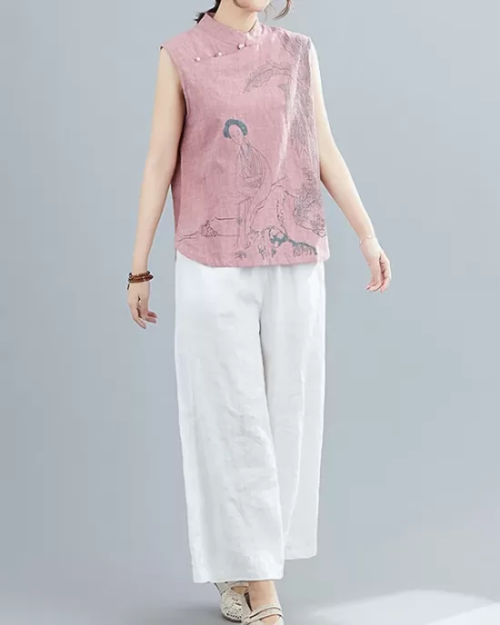 Artistic Retro Chinese-Style Printed Buttoned Stand Collar Sleeveless Vest