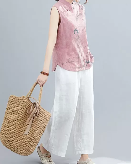 Artistic Retro Chinese-Style Printed Buttoned Stand Collar Sleeveless Vest