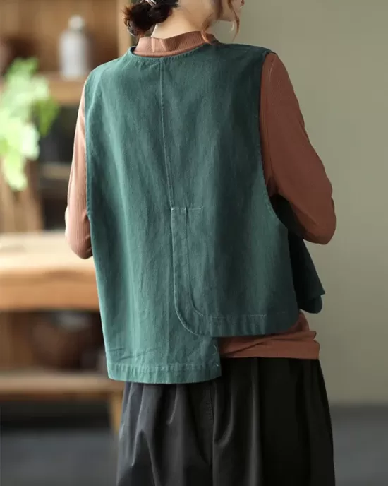 Vintage Asymmetric Solid Color Buttoned Vest Top