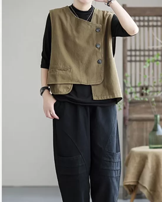 Vintage Asymmetric Solid Color Buttoned Vest Top