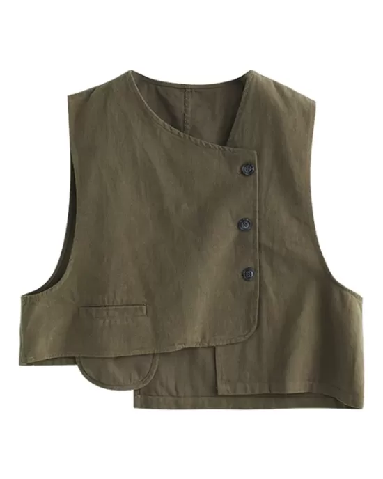 Vintage Asymmetric Solid Color Buttoned Vest Top