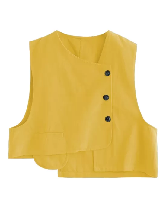 Vintage Asymmetric Solid Color Buttoned Vest Top