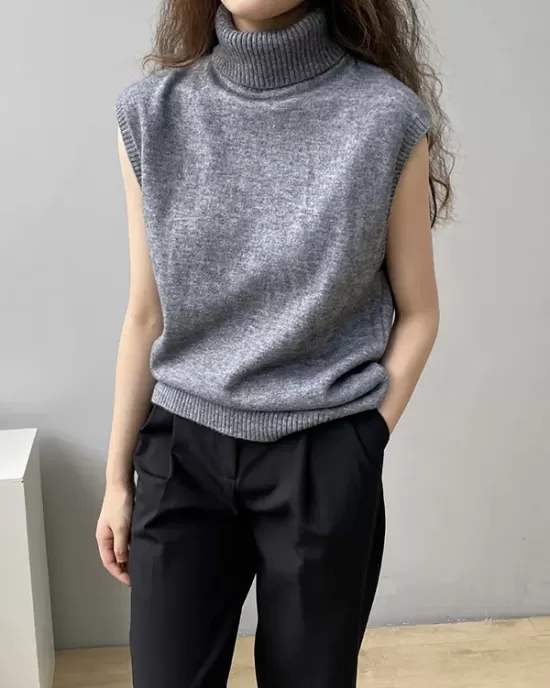 Simple Loose Solid Color High-Neck Knitting Vest Top