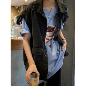 Simple Split-Joint Solid Color Denim Vest Outerwear