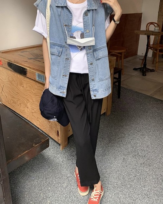 Simple Split-Joint Solid Color Denim Vest Outerwear