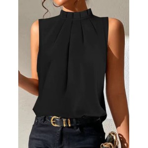 Pleated Solid Color Split-Joint Loose Sleeveless Stand Collar Vest Top