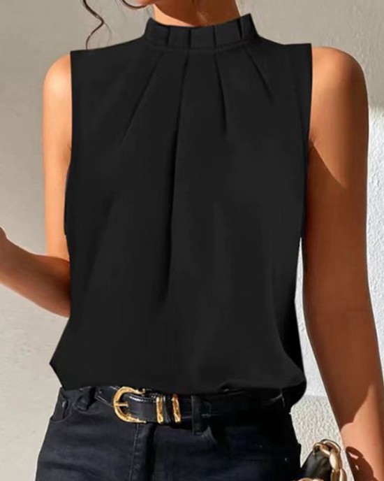 Pleated Solid Color Split-Joint Loose Sleeveless Stand Collar Vest Top