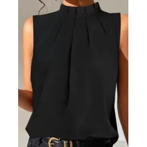 Pleated Solid Color Split-Joint Loose Sleeveless Stand Collar Vest Top