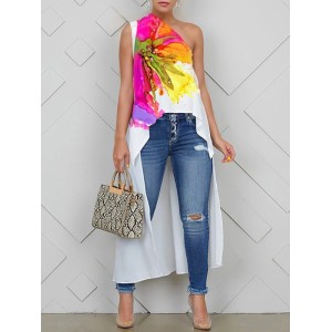 Asymmetric Floral Printed Split-Joint High-low Loose One-shoulder Vest Top