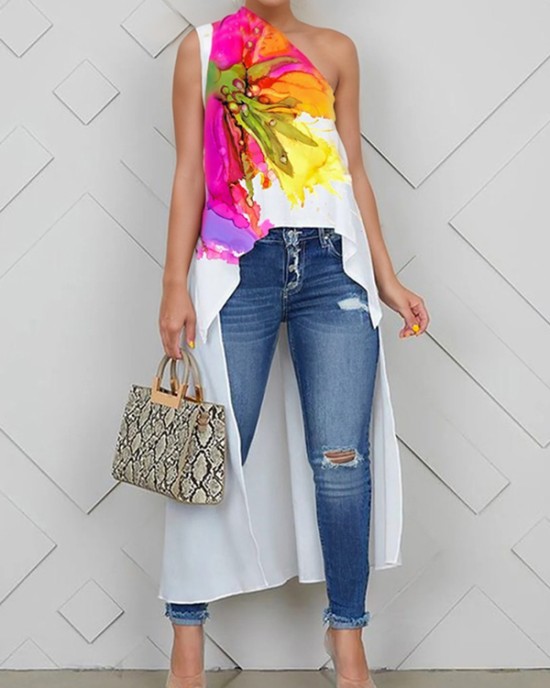 Asymmetric Floral Printed Split-Joint High-low Loose One-shoulder Vest Top