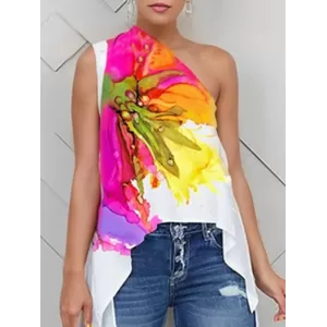 Asymmetric Floral Printed Split-Joint High-low Loose One-shoulder Vest Top