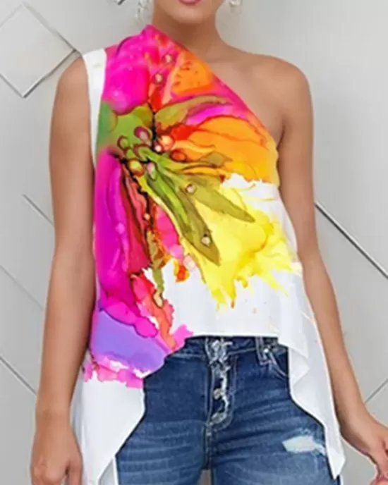 Asymmetric Floral Printed Split-Joint High-low Loose One-shoulder Vest Top