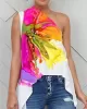 Asymmetric Floral Printed Split-Joint High-low Loose One-shoulder Vest Top