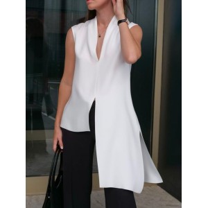 Irregular Clipping Loose Solid Color Split-Front Split-Side Deep V-Neck Vest Top