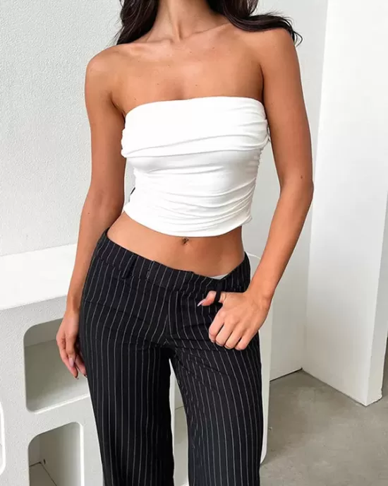 Pleated Solid Color Skinny Sleeveless Tube Vest Top