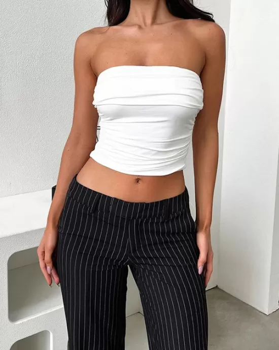 Pleated Solid Color Skinny Sleeveless Tube Vest Top