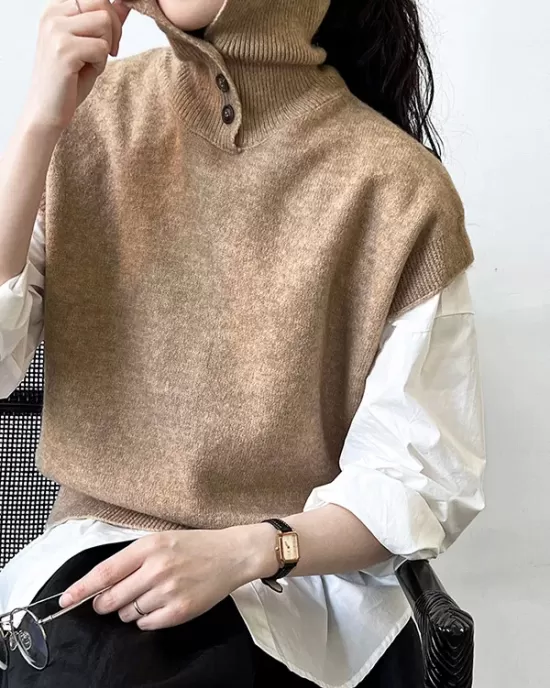 Buttoned Loose Sleeveless High Neck Vest Top Sweater