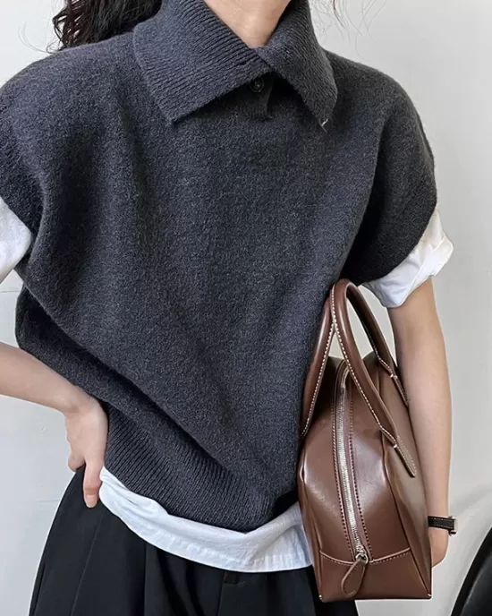 Buttoned Loose Sleeveless High Neck Vest Top Sweater